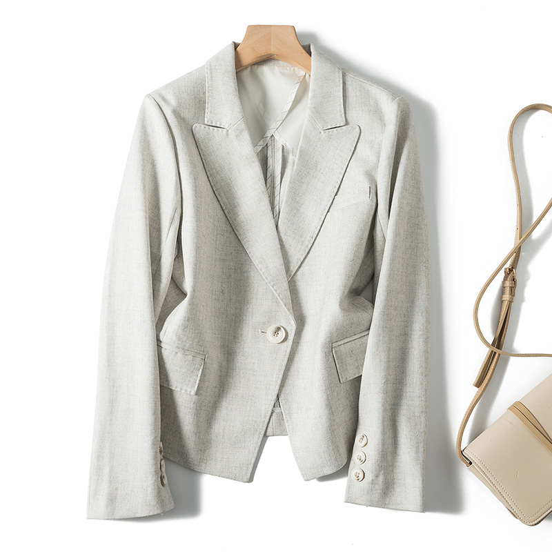 Intellectual and Capable Style, Short Blazer, Slim Fit Wool One-Button Lapel Long-Sleeve Women's Suit for Spring