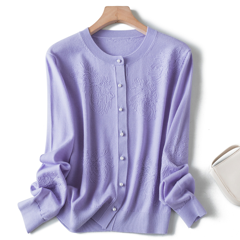 Elegant and Sophisticated New Chinese-Style Three-Dimensional Floral Embroidery Yangzi Yarn Wool Round-Neck Knitted Cardigan Spring/Summer Thin Sweater