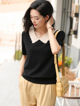 Doll collar knitted shirt loose thin black short sleeve jacket hookup v collar short sleeve tops summer