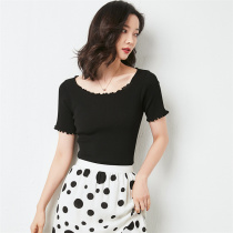 Ice wire knitted shirt short sleeves 2022 new round collar matcha green repair with wood ear tops