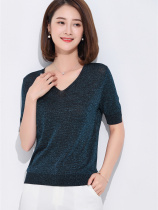 Woman-tasted knitting loose fashion summer thin v-collar coat bright silk knitted sweater short sleeve tide