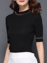 Ice wire half-cut knitted shirt thin color piece-shaped tops with round-collar black blouse in summer