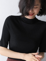 Spring five - sleeve ice wire knitted shirt and fix the 2022 new semi - tall collar blouse black thin coat