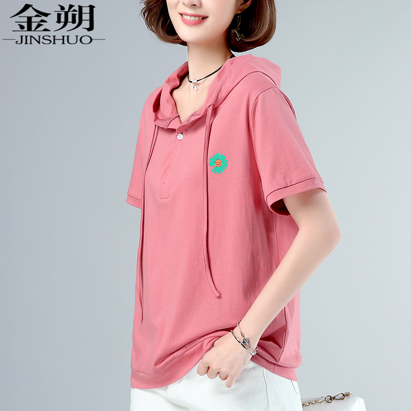 Ngắn tay áo thun nữ cotton 2020 mùa hè mới đội mũ trùm đầu top thời trang của phụ nữ giản dị Hàn Quốc phiên bản lỏng lẻo lớn kích thước T-shirt