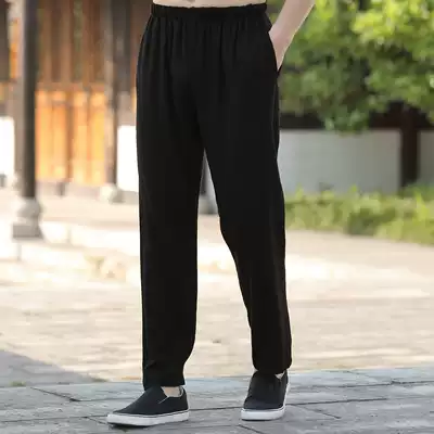 Flax pants men's summer thin Chinese style men's casual pants loose straight hemp material men's pants elastic waist long pants