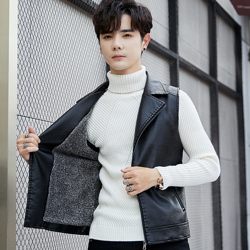 Autumn and Winter Fleece-Lined Sleeveless Pu Leather Vest, Spring Style Youth Leather Vest, Suit Collar Biker Jacket, Leather Vest Coat