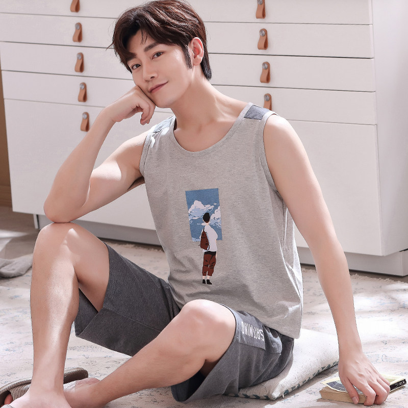 Sleepwear Men's Summer Pure Cotton Sleeveless Vest Shorts Men's Home Conserved Summer Slim Full Cotton Big Size Suit
