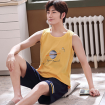 Summer student vest shorts pajamas mens cotton sleeveless loose waistcoat cotton home wear suit sports summer