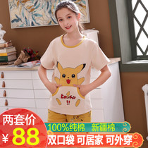 Girls Pajamas Summer pure cotton short-sleeved thin section little girl Middle school children cotton children junior high school students home clothes set