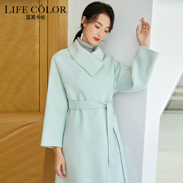 Irregular high collar niche Korean style waist-cinching double-sided pure wool coat autumn and winter long woolen coat for women