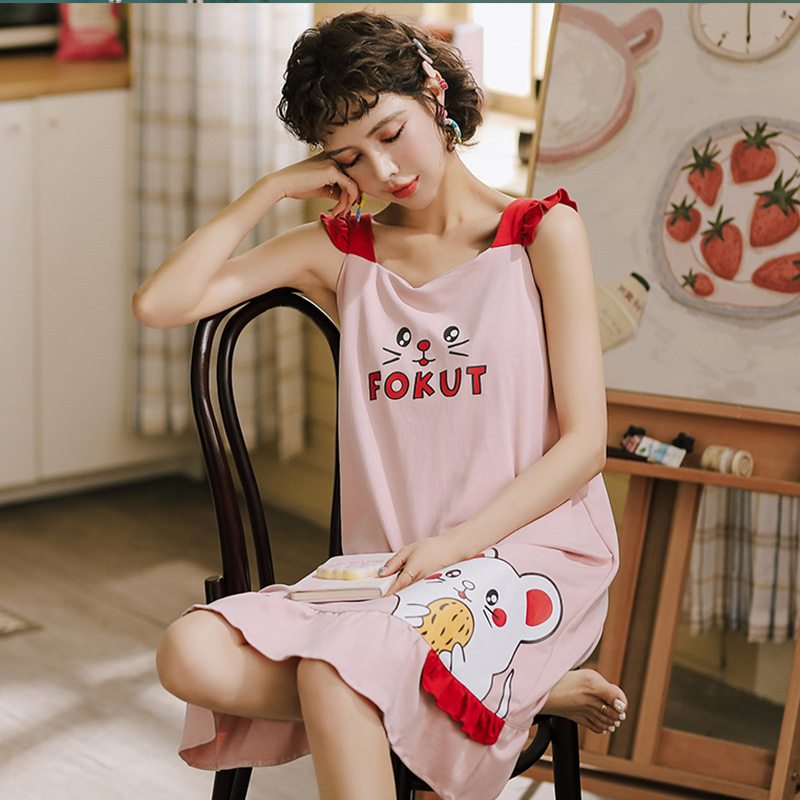 Summer pajama con trai với ngực đệm bông sling dài ngủ váy dễ thương phim hoạt hình cô gái sinh viên quần áo rộng nhà.