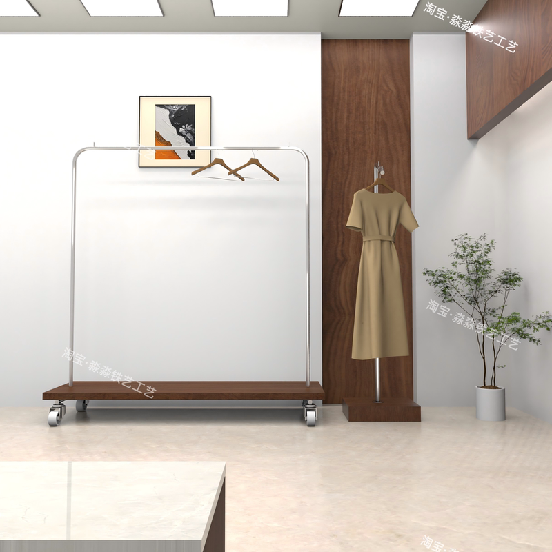 Clothing Store Stainless Steel Walnut Color Wood Grain Display Rack Movable Side Hanging Display Hanger in Vintage Style Clothing Store Stainless Steel Walnut Color Wood Grain Display Rack Movable Side Hanging Display Hanger in Vintage Style