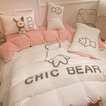 Autumn and winter milk coral velvet sheets four-piece flannel quilt cover angel wings embroidered bed hat three-piece set