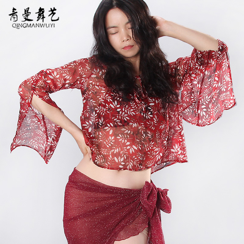 Qingman Dance Art Spring/Summer New Fashion Belly Dance Practice Suit Loose Breathable Sexy PrintEd Chiffon Top