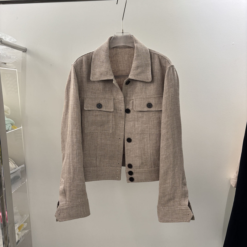 European Station 2026 Spring New Fashion Versatile High-Quality Old Money Style Turn-Down Collar Linen Short Jacket Casual Jacket for Women