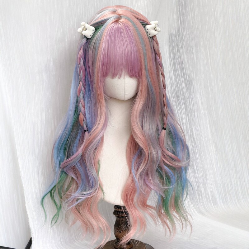 Miduo Harajuku Soft Girl Lolita Children's Girl Photo Long Curly Rainbow-Colored Cute Girl Cosplay Wig