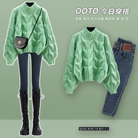 Зеленый свитер [цельный предмет] [свитер для женщин осенью/свитер в ленивом стиле/осенне-зимний свитер в ленивом стиле/свитер в ленивом стиле для женщин осенью и зимой/дофаминовый осенний наряд/женский осенний стиль 2025 года/красивые маленькие свитера, популярные в этом году]