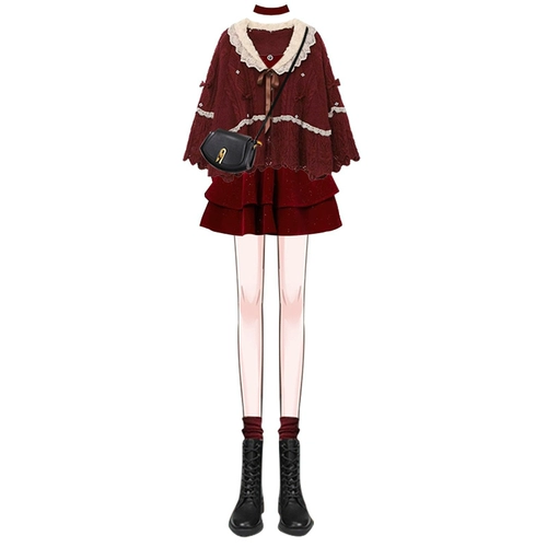 Красное бархатное платье, комплект, французский стиль, изысканный стиль, подходит для подростков