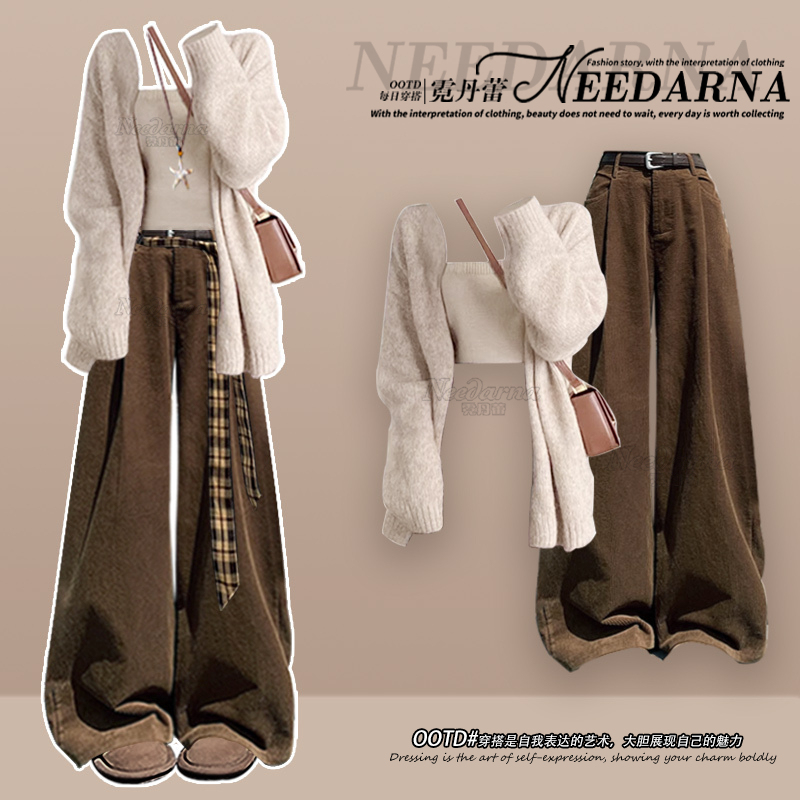 Korean Style Relaxed and Lazy Knit Cardigan Sweater 2026 Super Trendy Autumn Outfit Complete Set Melard Suit Pants Korean Style Relaxed and Lazy Knit Cardigan Sweater 2026 Super Trendy Autumn Outfit Complete Set Melard Suit Pants