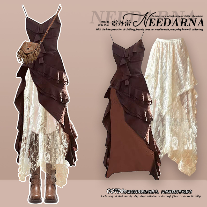 Northwest Travel Outfit Xinjiang Wasteland Style Dress Summer Women's Bohemian Vacation Spaghetti Strap Lace Long Dress