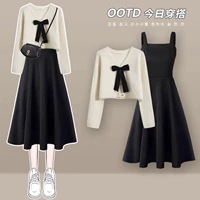 Белый свитер, черное платье-комбинация, платье, осенняя юбка, лонгслив, комплект, французский стиль, осенний