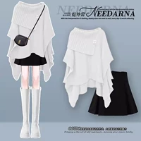 Белый свитер, черная мини-юбка, демисезонный комплект, зимняя флисовая демисезонная юбка, в стиле Шанель