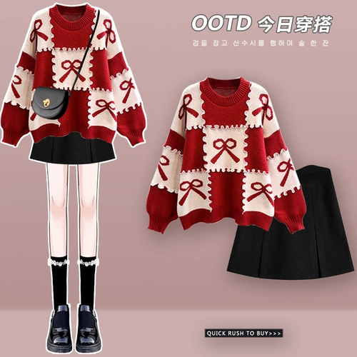 Красный трикотажный свитер, демисезонный комплект, милая мини-юбка, в стиле Шанель, 2023