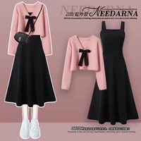 Розовый свитер, черное платье-комбинация, демисезонное платье, зимняя осенняя демисезонная юбка, изысканный стиль