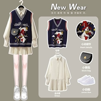 Синий жилет, осеннее платье, осенний тонкий комплект, длинная юбка, 2021 года