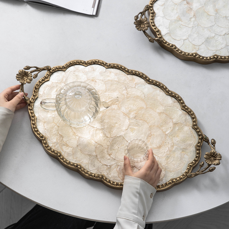 New Chinese-Style Original Shell-Decorated Tray, Desktop Storage Tray, Large Fruit Tray, Tea Tray, High-End Oriental Aesthetics