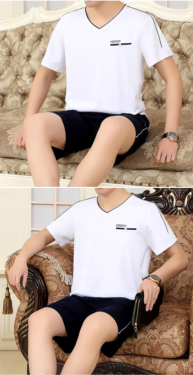 Quần thể thao nam giản dị mùa hè quần short tay ngắn cổ chữ V nam trung niên cỡ lớn cotton bố cha phù hợp với mùa hè - Bộ đồ quần thể dục