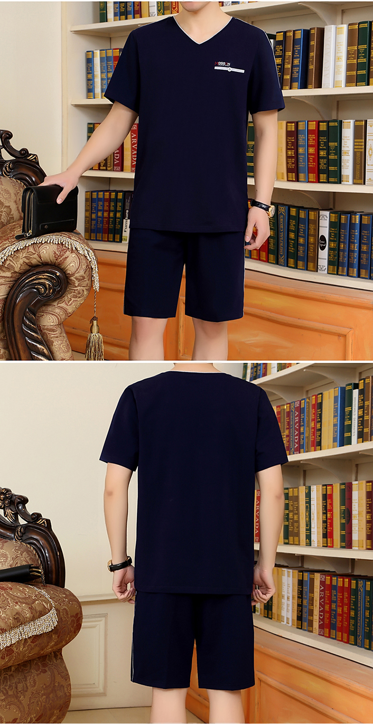 Quần thể thao nam giản dị mùa hè quần short tay ngắn cổ chữ V nam trung niên cỡ lớn cotton bố cha phù hợp với mùa hè - Bộ đồ quần thể dục
