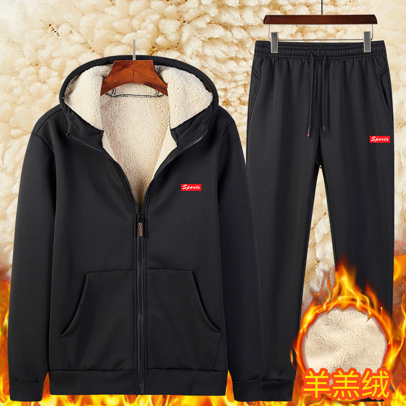 加绒加厚男士运动套装秋冬款抗寒保暖羊糕绒连帽卫衣束脚裤两件套