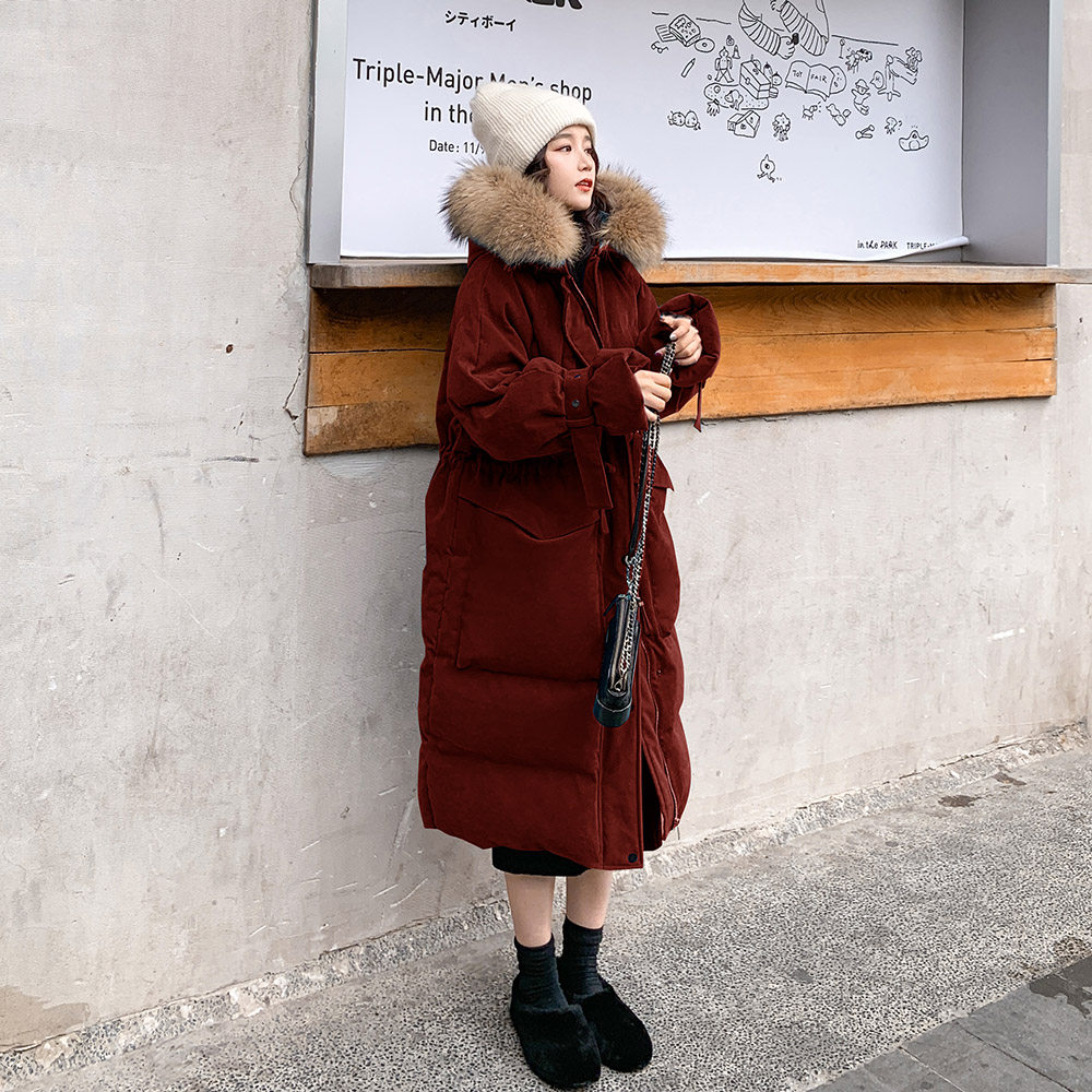 Li-hair headlamp core plywood feather cotton cotton woman winter long version of knee red cotton jacket