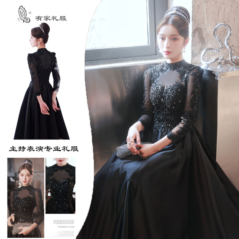 Light Luxury Black Stand-Up Collar Vocal Performance Dress, Piano Performance Long-Sleeved Evening Dress, Sequined Evening Host Long Dress
