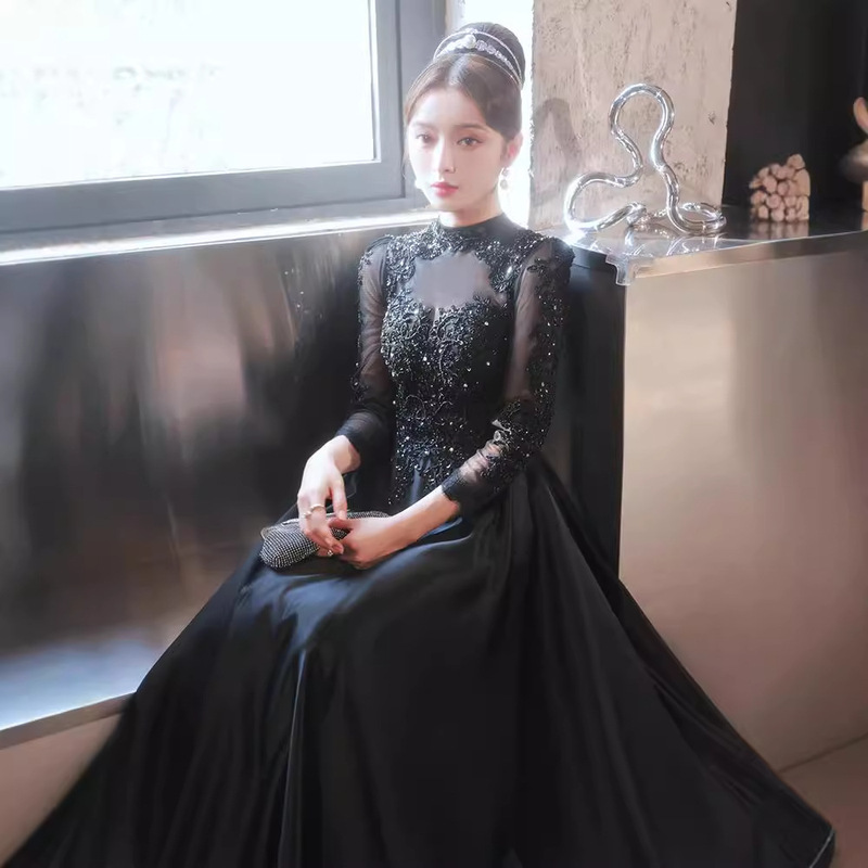 Black High-Neck Dignified Dress with Long Sleeves for Hostess, Art Exam, Vocal Performance, Piano Performance, Long Dress for Choir