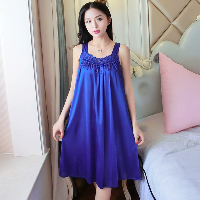 Trung niên và cao tuổi váy ngủ không tay nữ mùa hè béo MM plus fat plus size ice silk sexy vest pyjama 200 kg - Đêm đầm