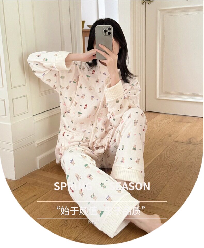 春秋冬季带胸垫加厚空气棉月子服免穿内衣夹层孕妇睡衣带帽子套装 — 17