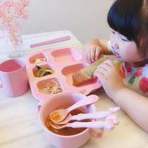 babyalan Childrens tableware set Wheat straw grid plate Cartoon kindergarten baby bowl spoon fork cup
