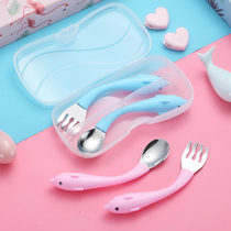 babyalan304 stainless steel elbow spoon fork set curved handle dolphin fork spoon Baby learn to eat training spoon