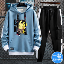 Casual suit mens loose sweater hooded spring and autumn mens clothing with Korean trend middle school students sports two-piece set