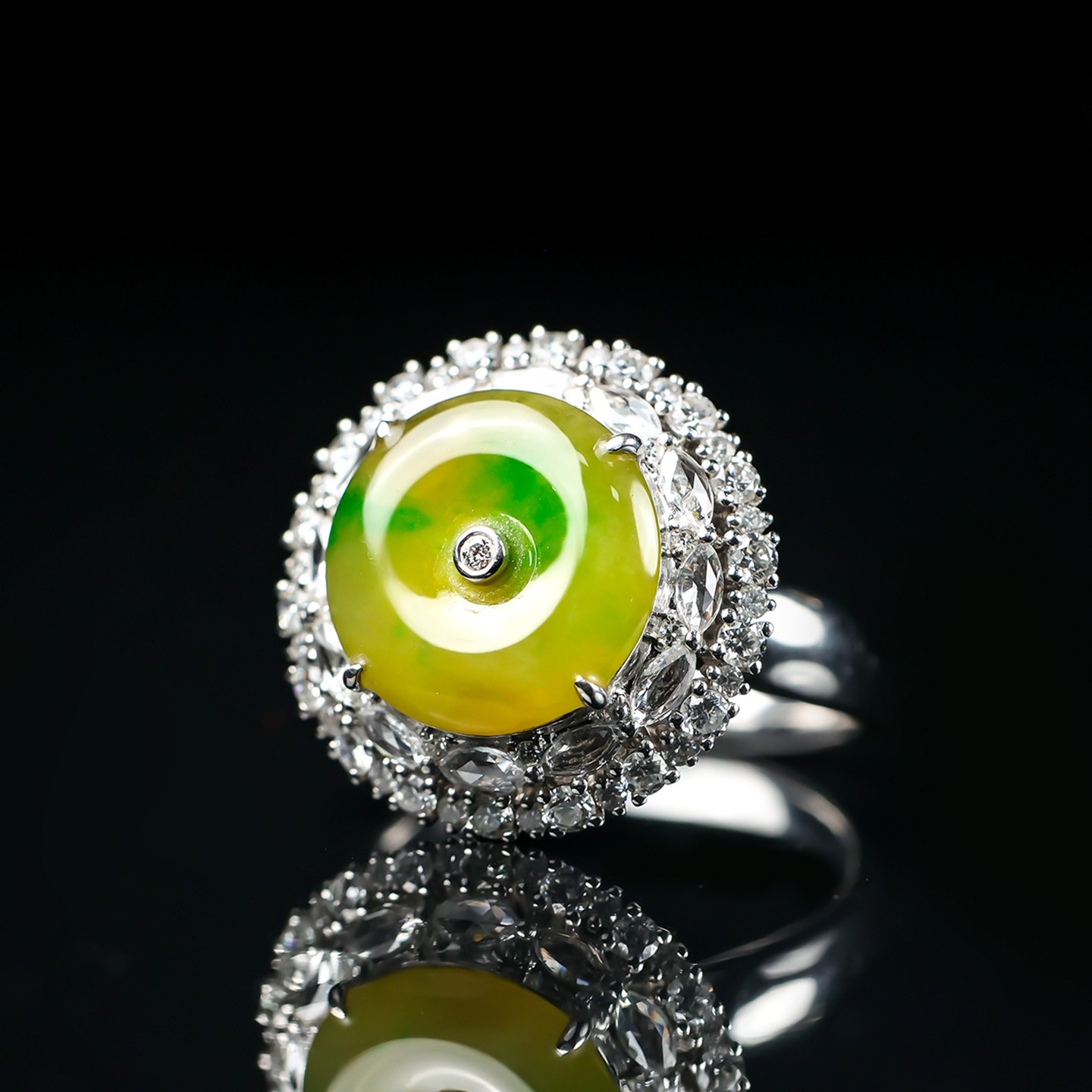 Yangzi Jewelry Perfect Ring Laokeng ice yellow and green three-color design jadeite ring 8.30