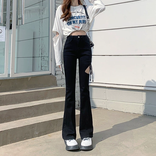 Черные приталенные джинсы, демисезонные штаны, мегафон, высокая талия, по фигуре, подходит для подростков