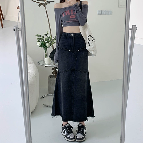 Черная весенняя осенняя брендовая приталенная длинная джинсовая юбка, средней длины, А-силуэт, рыбий хвост