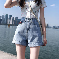 2021 New High waist slim curl denim shorts womens summer a-shaped loose wide legs wear hot pants ins tide