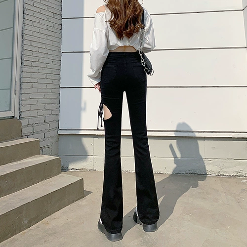 Черные приталенные джинсы, демисезонные штаны, мегафон, высокая талия, по фигуре, подходит для подростков