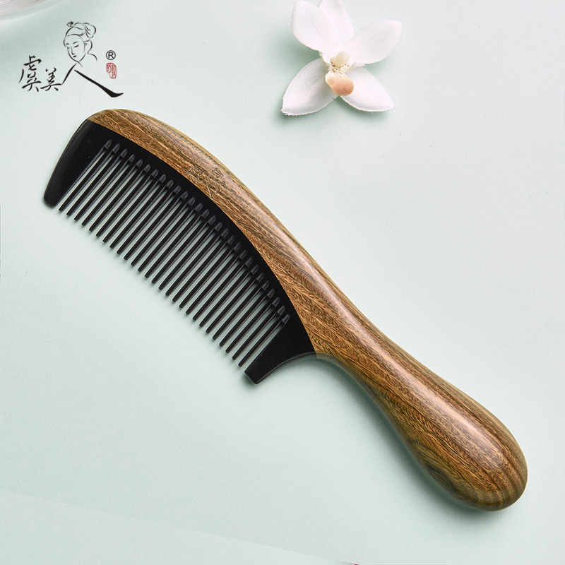 Yu beauty green sandalwood comb horn comb engraved word no static sandalwood wide tooth massage scalp home gift woman
