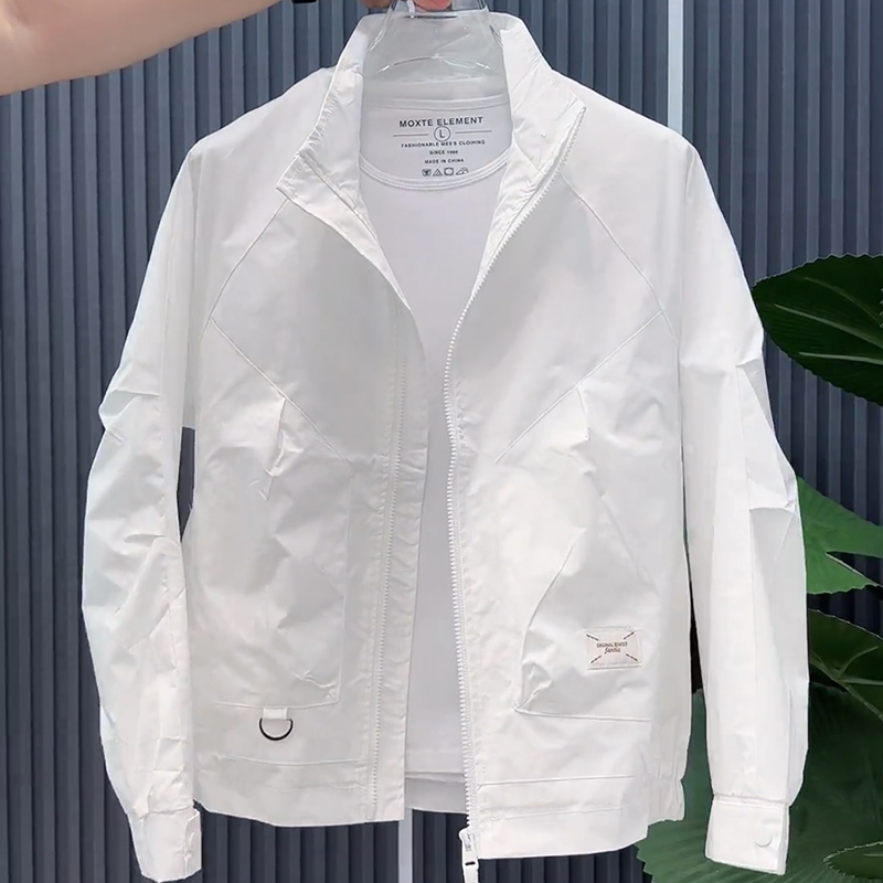 White Jacket for Men, Spring Thin Style, Solid Color Versatile Fashion Coat, Casual Urban Style, Stand Collar Jacket for Men