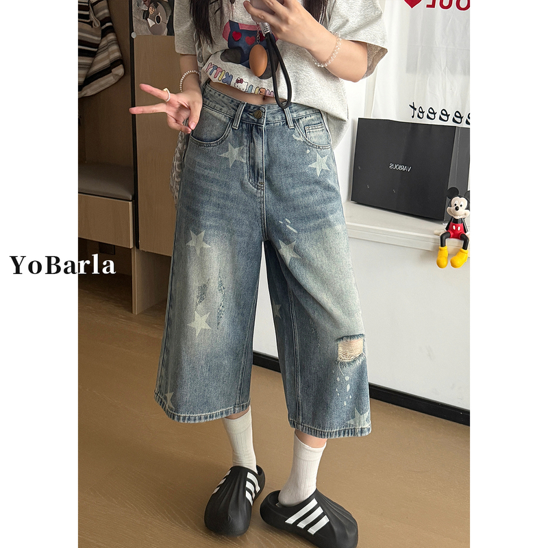 American-Style Ripped Denim Capri Pants for Women, Straight-Leg, New Summer Style, Plus-Size, Loose, Slimming, Wide-Leg Pants