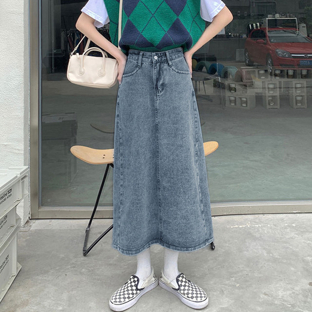 Blue skirt for women, spring and autumn plus size fat mm, hip-covering, slimming, mid-length, high-waisted, A-line denim, pear-shaped figure skirt